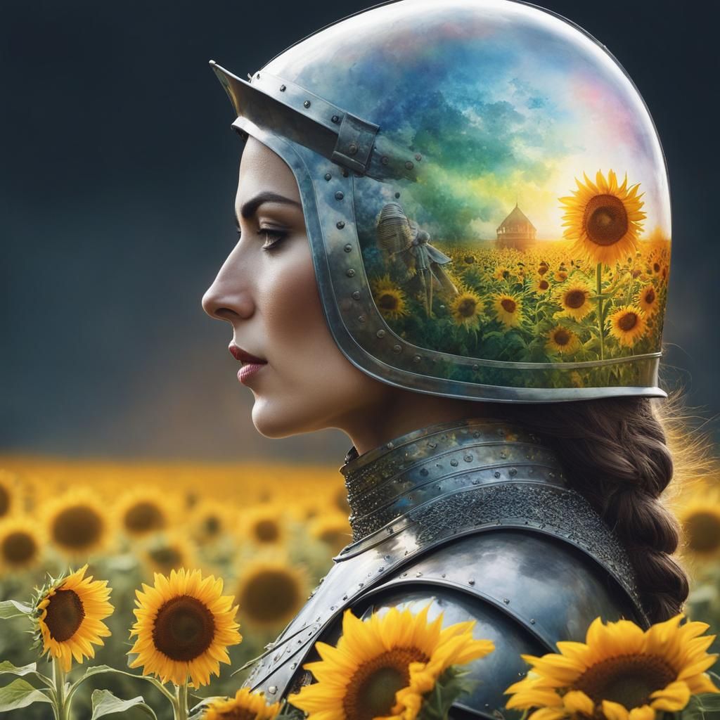 Knight Double Exposure with Rainbow Girl in Watercolor