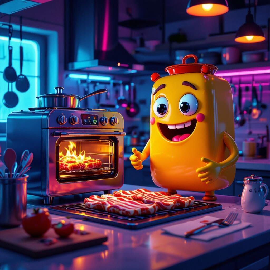 Bacon Oven Teaches Cooking in a 3D Illustration