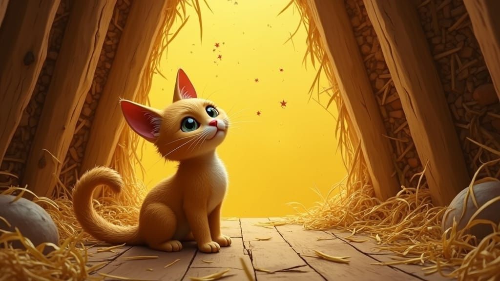 Whimsical Cat Astronomer in Rustic Attic, Surrealist Style