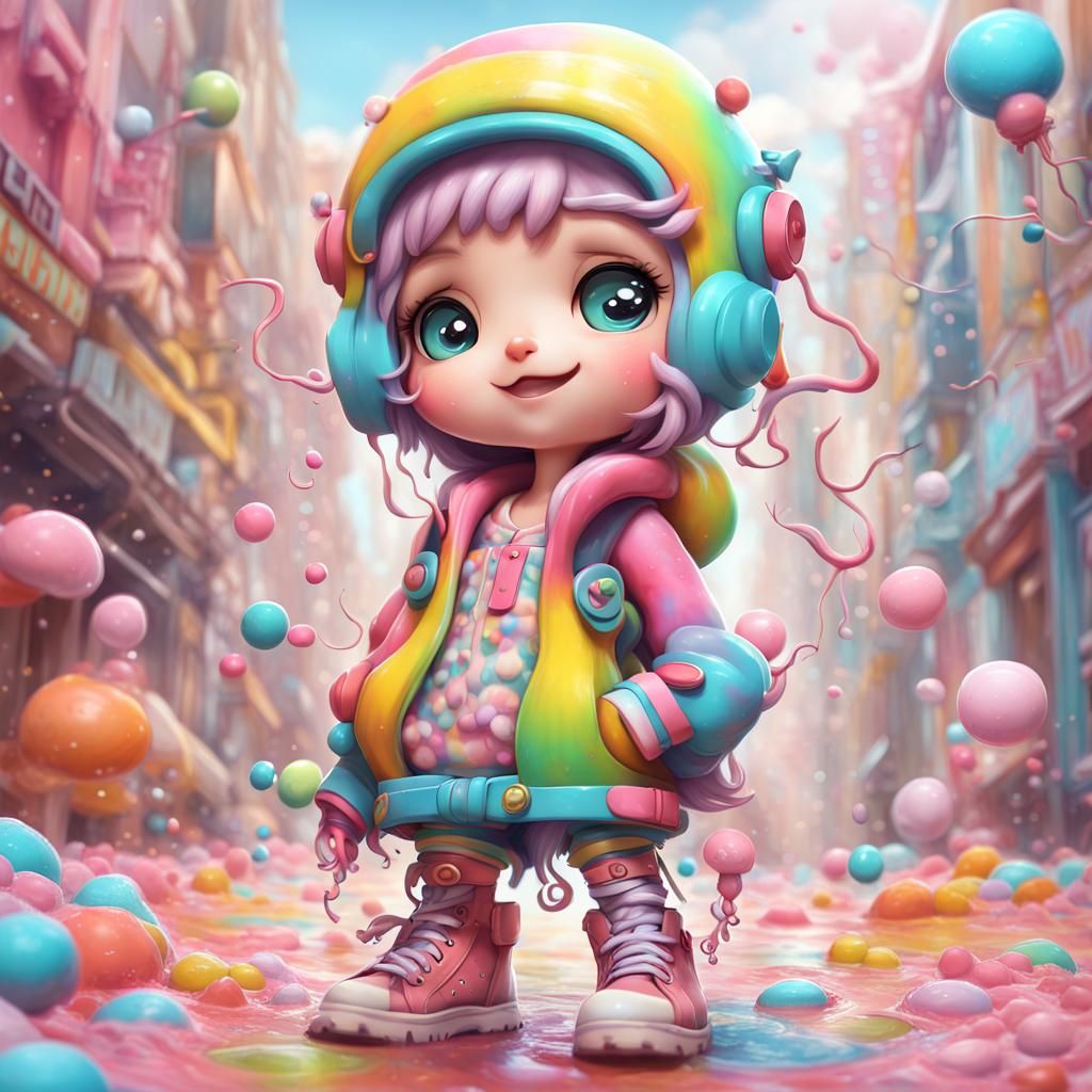 Whimsical Chibi Character in a Candyland Scene