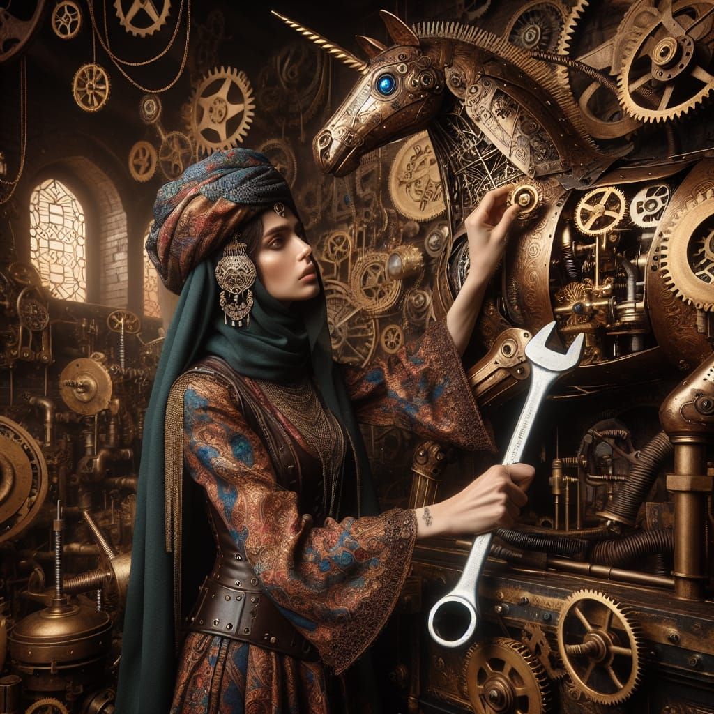 Steampunk Artificer and Clockwork Unicorn in Workshop
