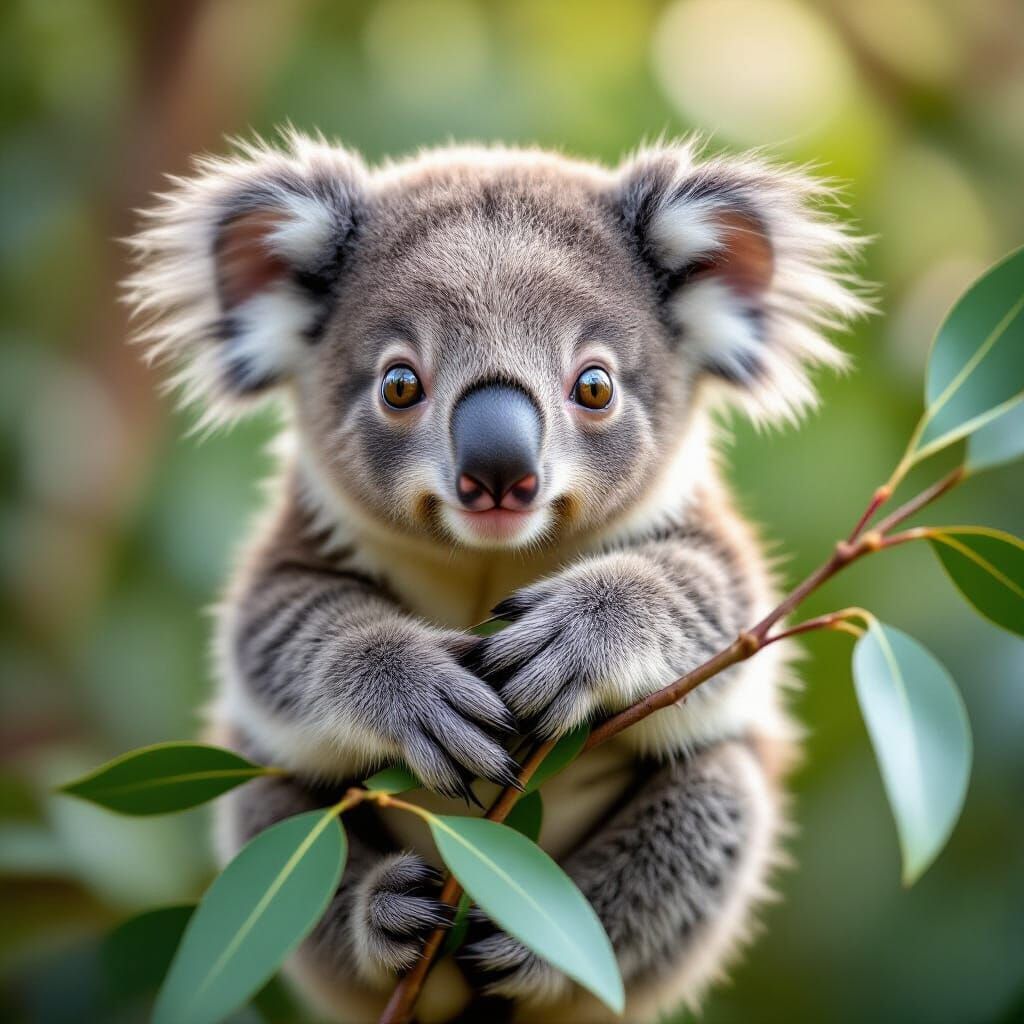 Hyperrealistic Cute Baby Koala on Eucalyptus Branch