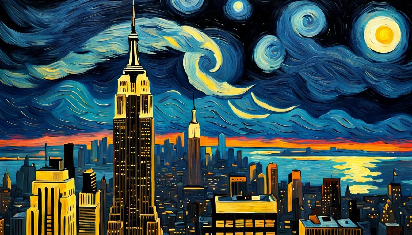 Empire State Building in Moonlight, Van Gogh Style