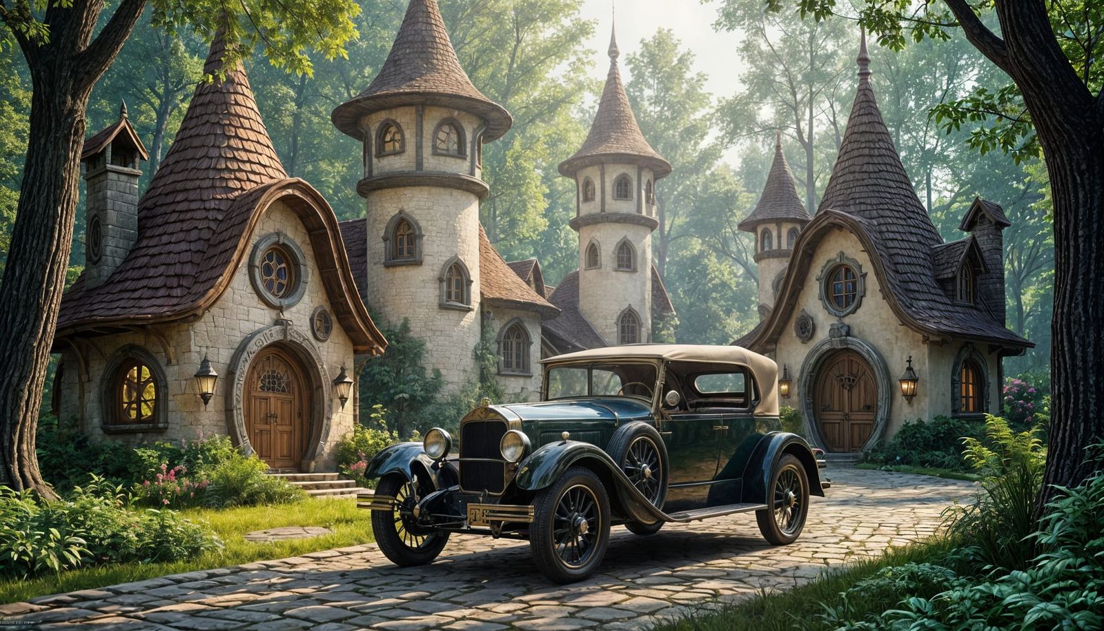 Elven Cottages and Antique Car in Enchanted Forest