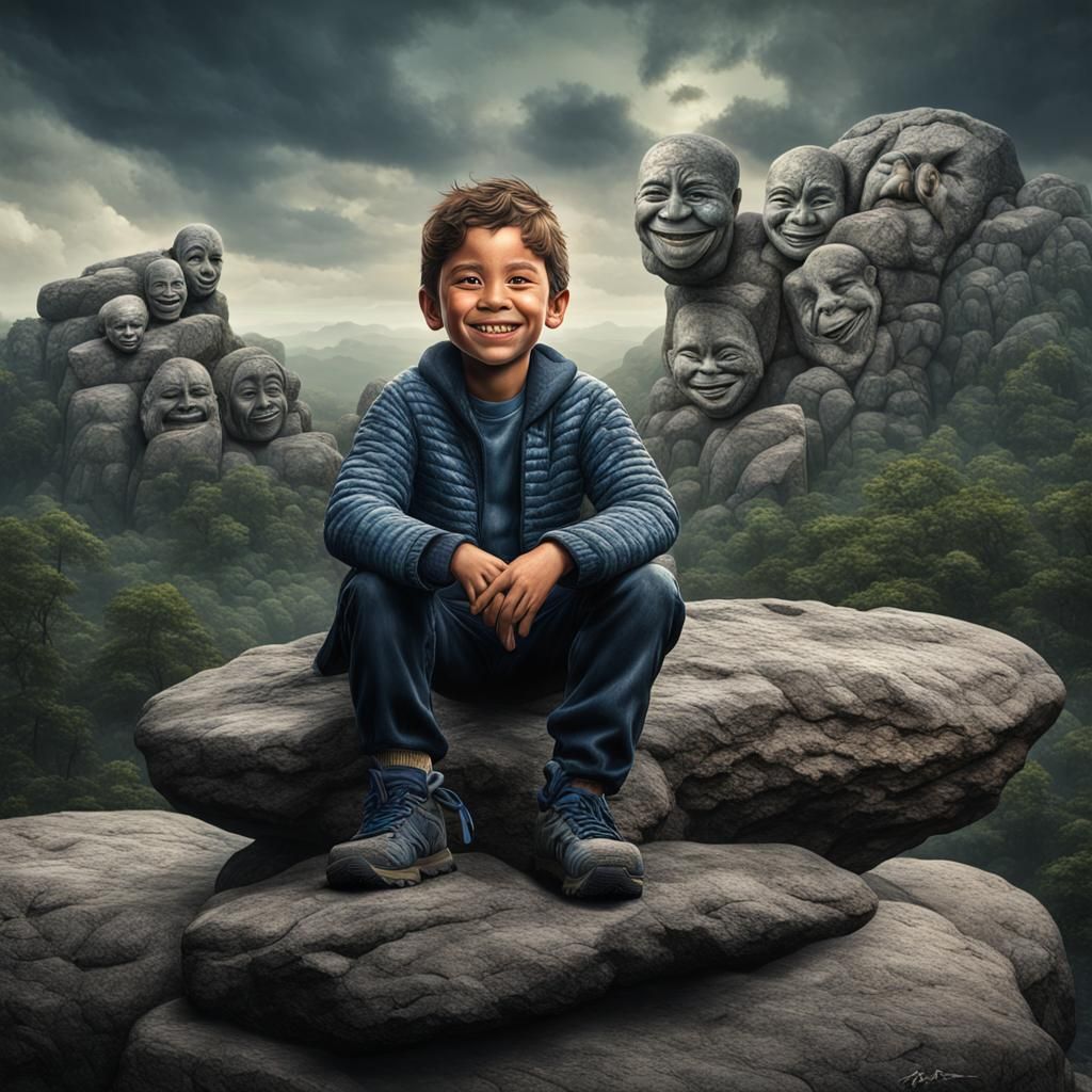 Sinister Smiling Masks Above Frowning Boy, Hyperrealistic
