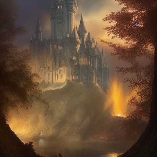 Fantastical Castle with Magical Fires in Detailed Matte Pain...
