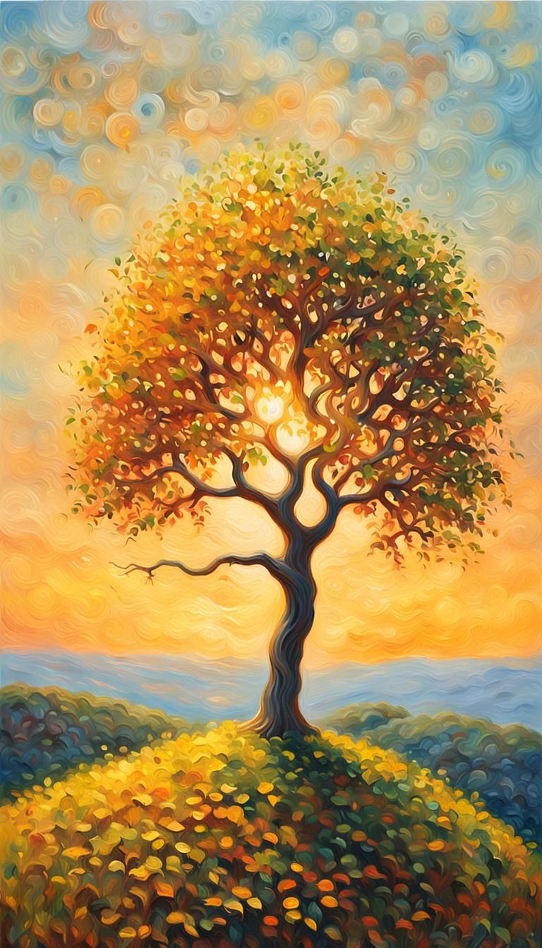 Musical Tree at Sunset: An Impressionist Oil Painting