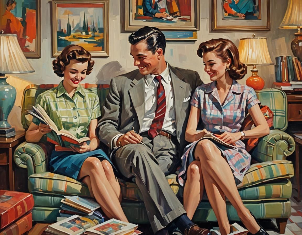 Mid-Century Modern Couple in Razumov-Inspired Oil Painting