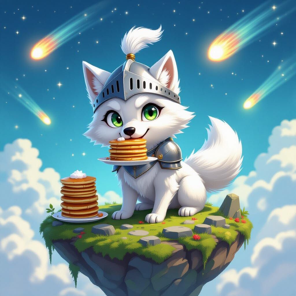 Mischievous Wolf Tries Balancing Pancakes in Anime Style