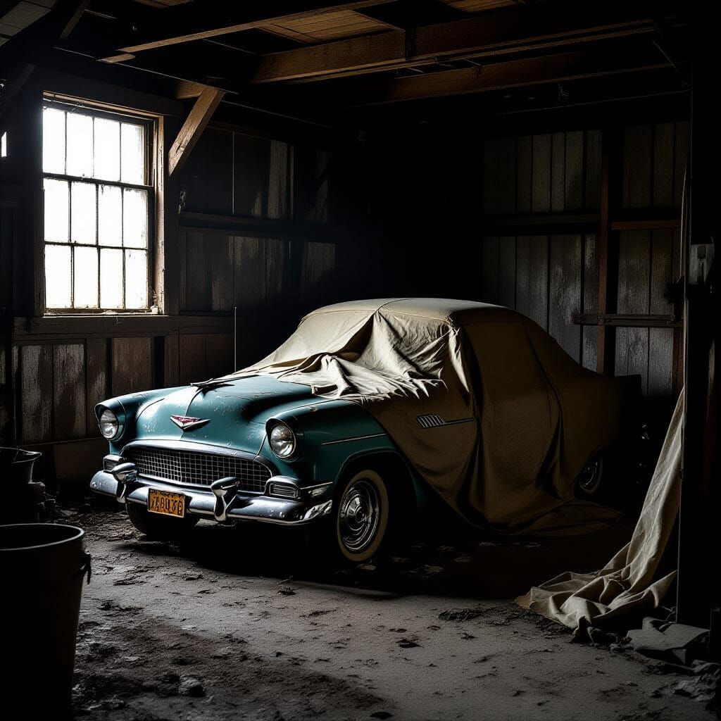 Vintage Car in Dimly Lit Garage