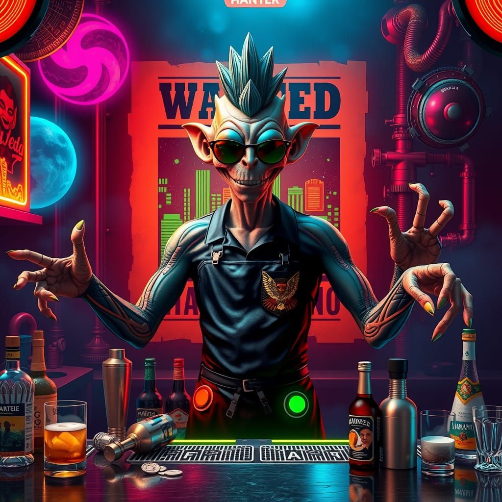 Alien Bartender Blorgo in a Dystopian Cyberpunk Bar