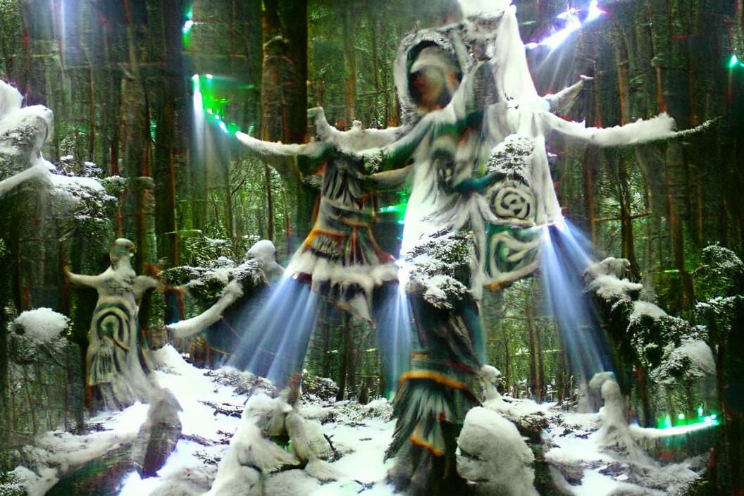 Celtic Monument in Snowy Forest with Shaman