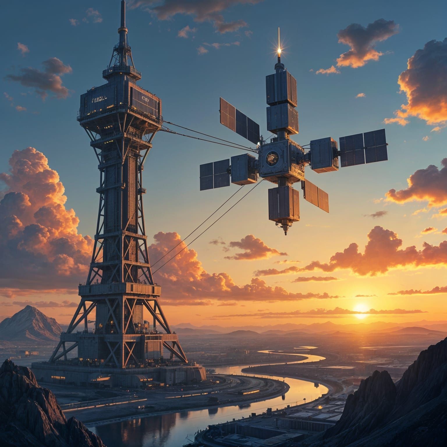 Orbital Satellite System with Earth Tower and Mega Battery