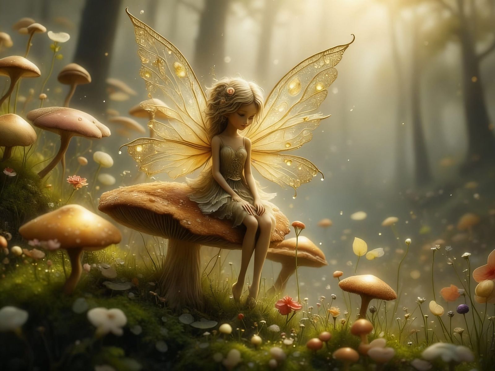 Golden Fairy on Mushroom in Misty Morning Dew