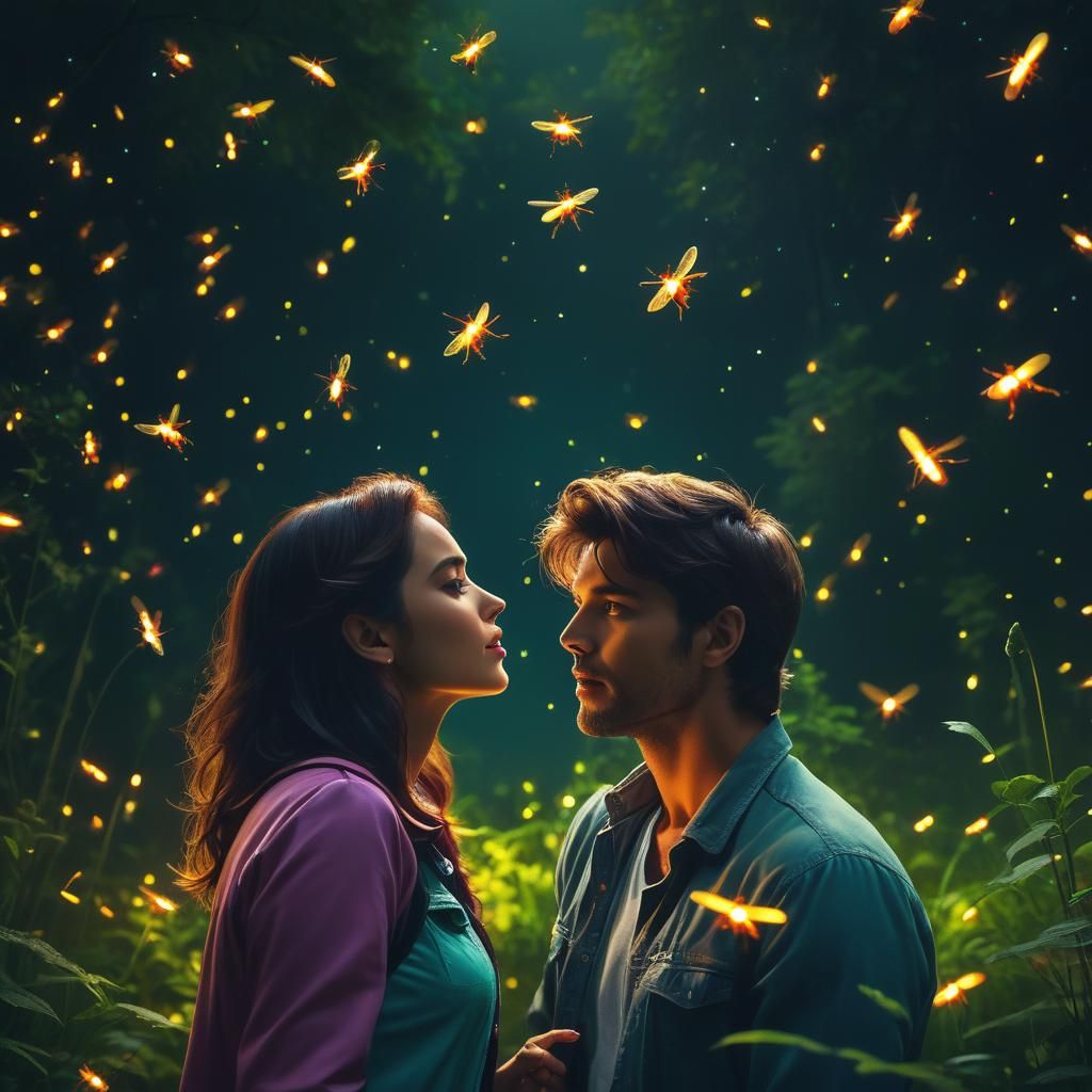Kissing Couple Under Multicoloured Fireflies in Cinematic St...