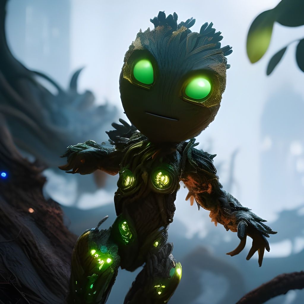 Filigree Baby Groot on Moonlit Street, Anime Art