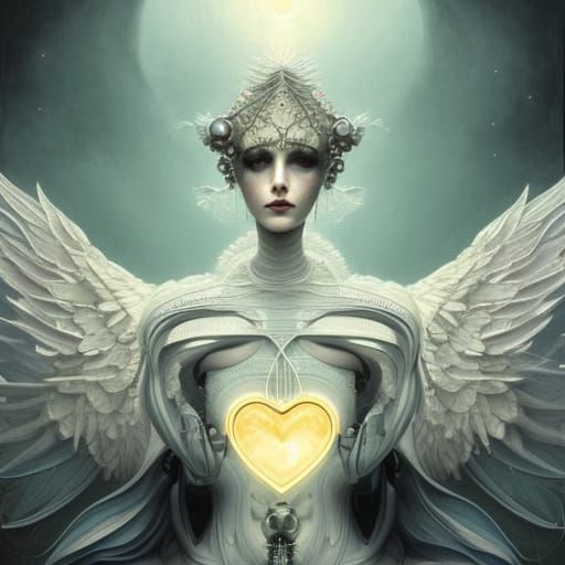 Robotic Angel with Glass Heart in Digital Art