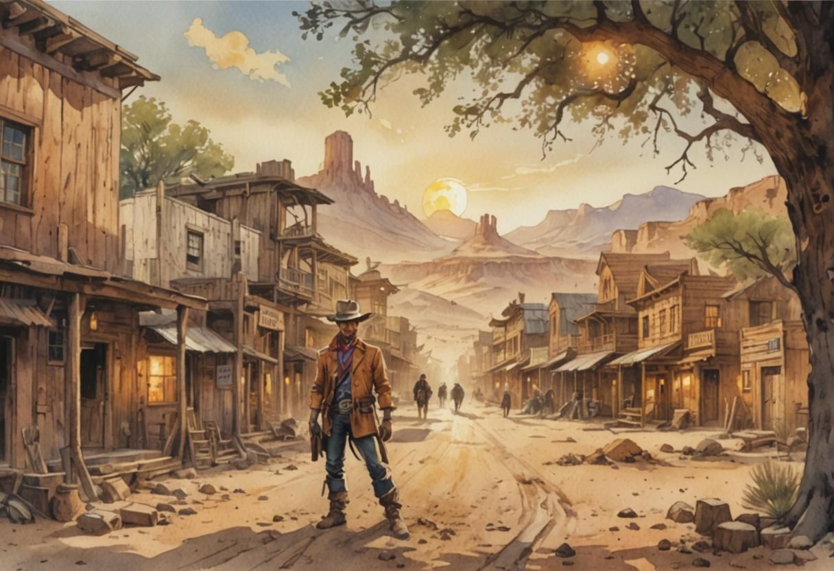 Cowboy in Wild West Village: Watercolor Comic Art