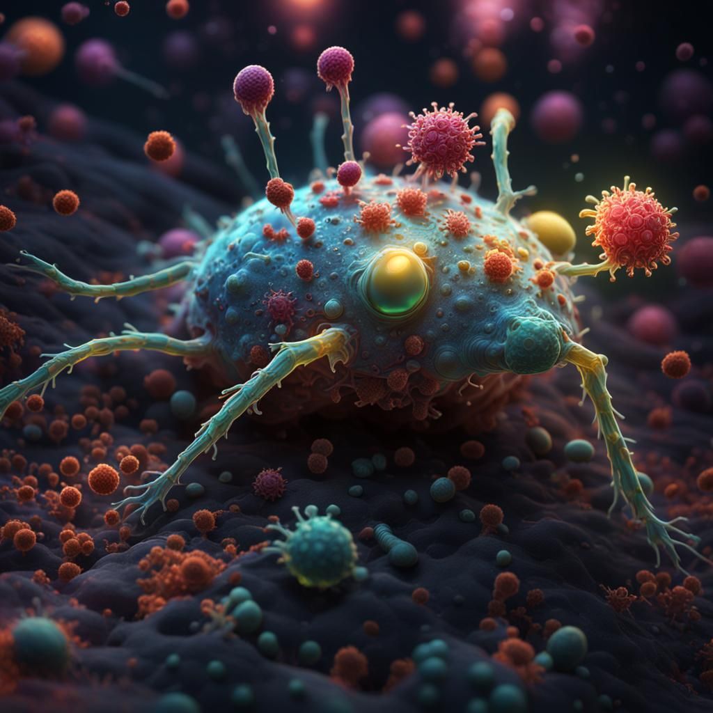 Hyperrealistic Microscopic View of Virus Eating Bacteria