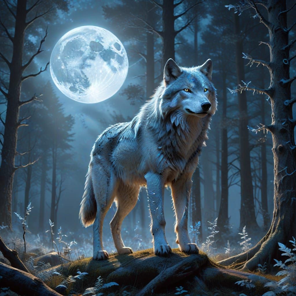 Gigantic Luminous Wolf in Moonlit Forest Clearing