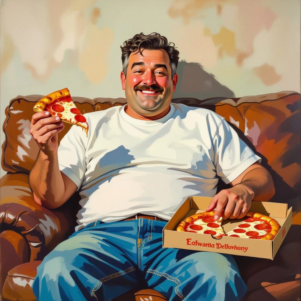 Happy Overweight Man Enjoys Pizza on Couch