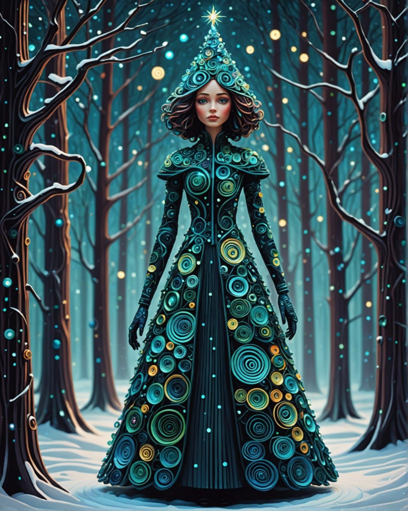 Winter Doll in Bioluminescent Christmas Tree Forest