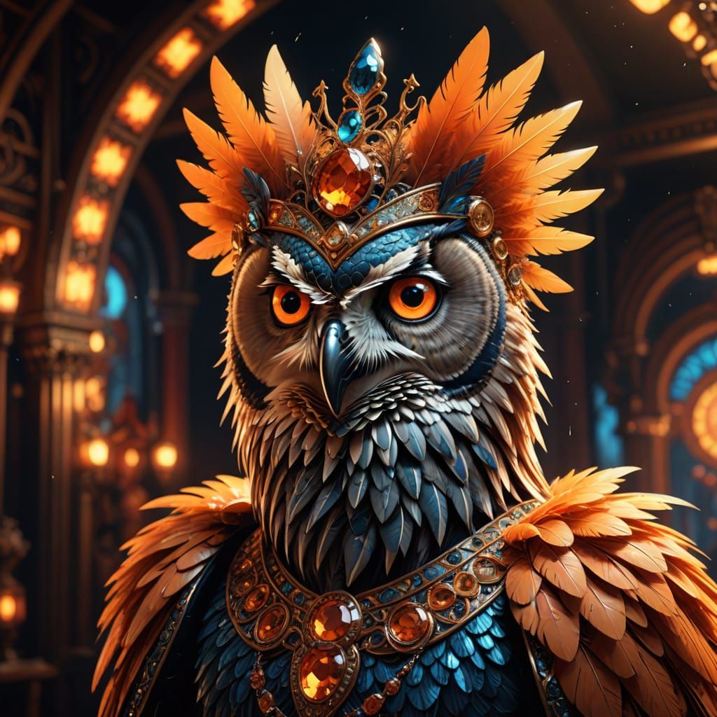 Showgirl Era NC. A glamorous owl, adorned with shimmering se...