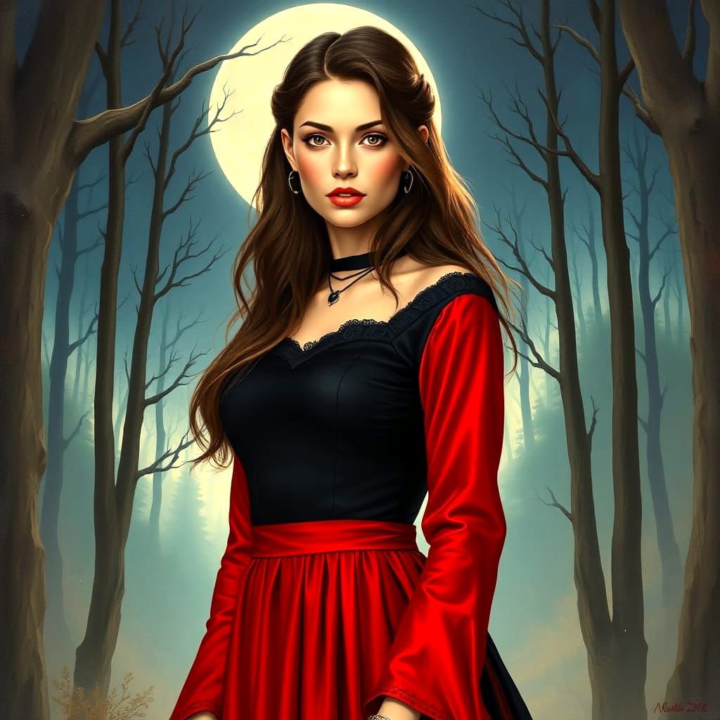 Brunette Woman in Moonlit Forest, Pulp Magazine Style