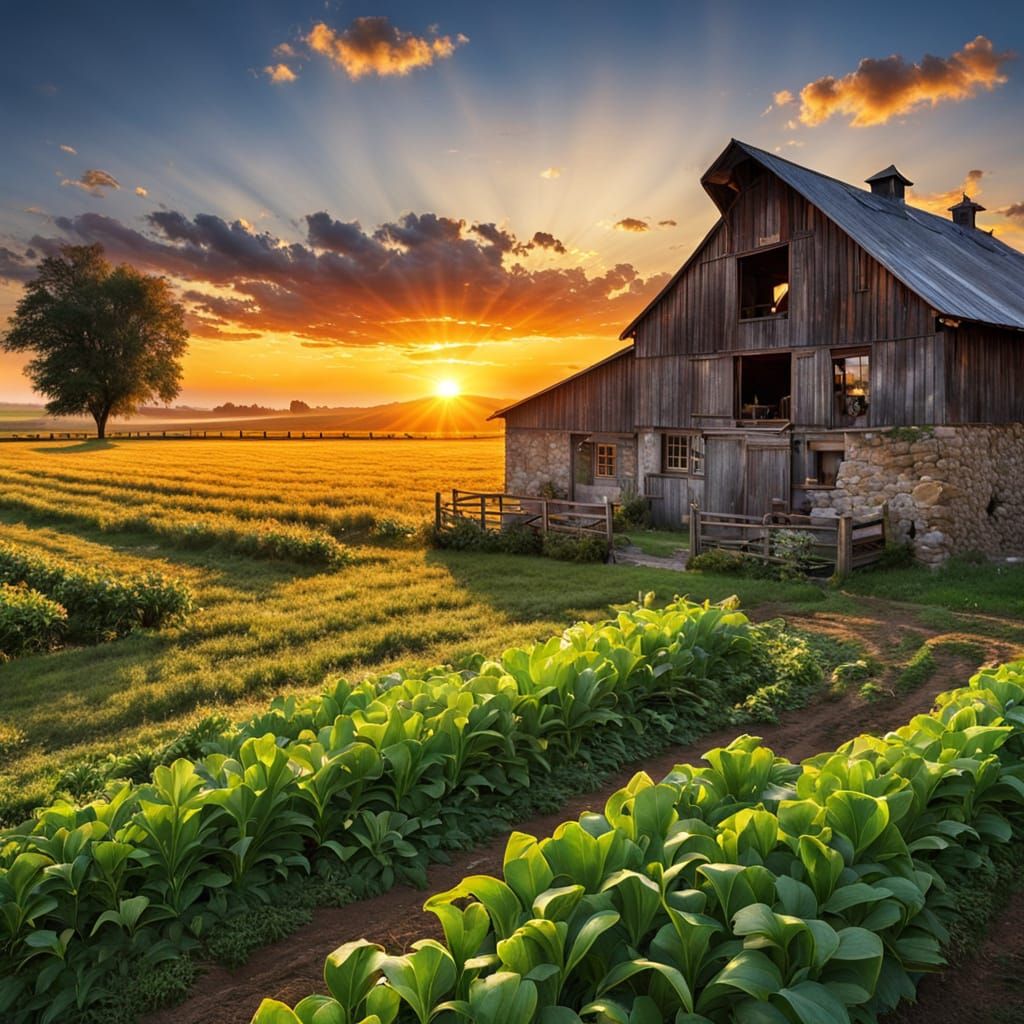 Surreal Sunset Over a Farmstead in Vibrant Colors