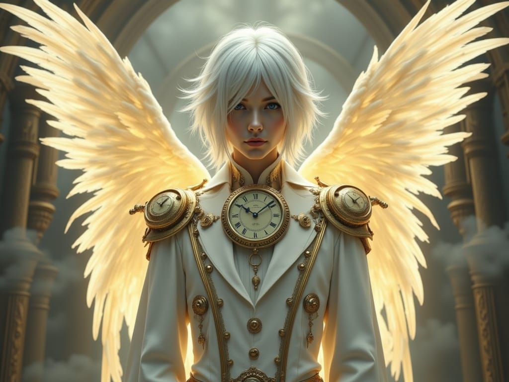 Clockpunk Angel with Clockwork Wings and Golden Trim