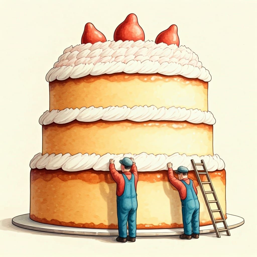 Mini Workers Build Giant Cake in Watercolor Style
