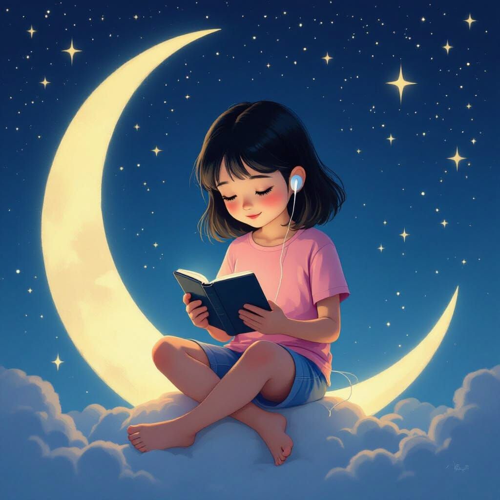 Vietnamese Girl Reads on Moon in Starry Night Sky