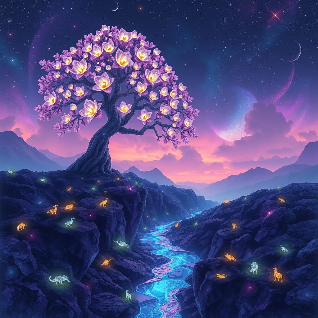 Amethyst Crystal Tree in Dreamlike Bioluminescent Landscape