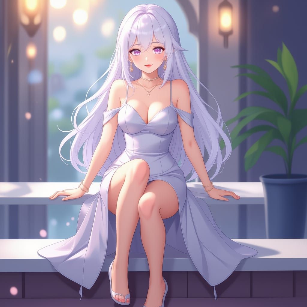 Anime Girl in Silver Dress with Pink Eyes
