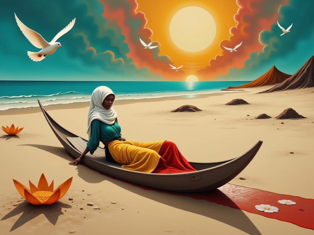 Epic Yellow Sky and Volcanic Beach Scene in a Dark Fairy Tal...