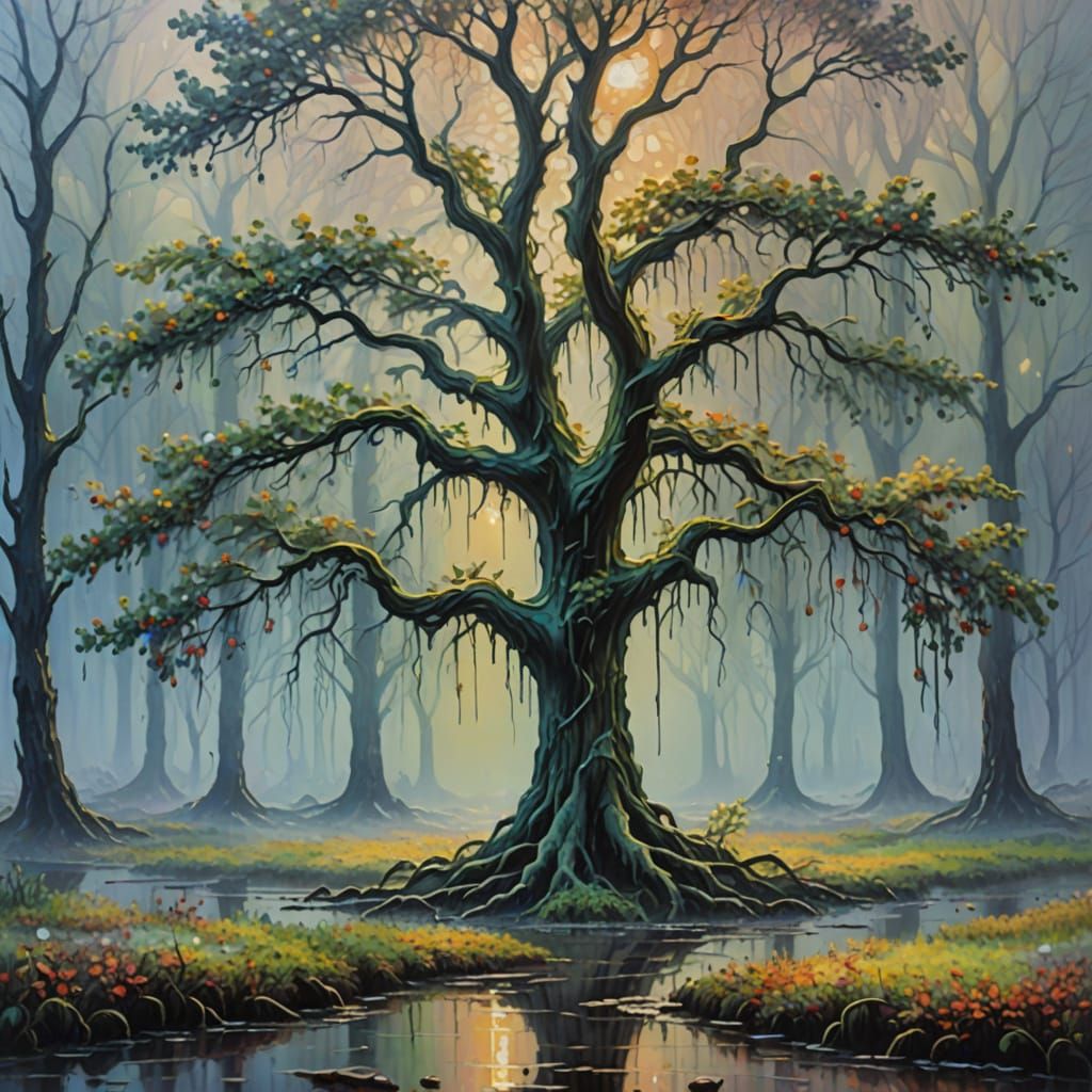 Melting Wax Tree in Misty Forest as Impressionistic Oil
