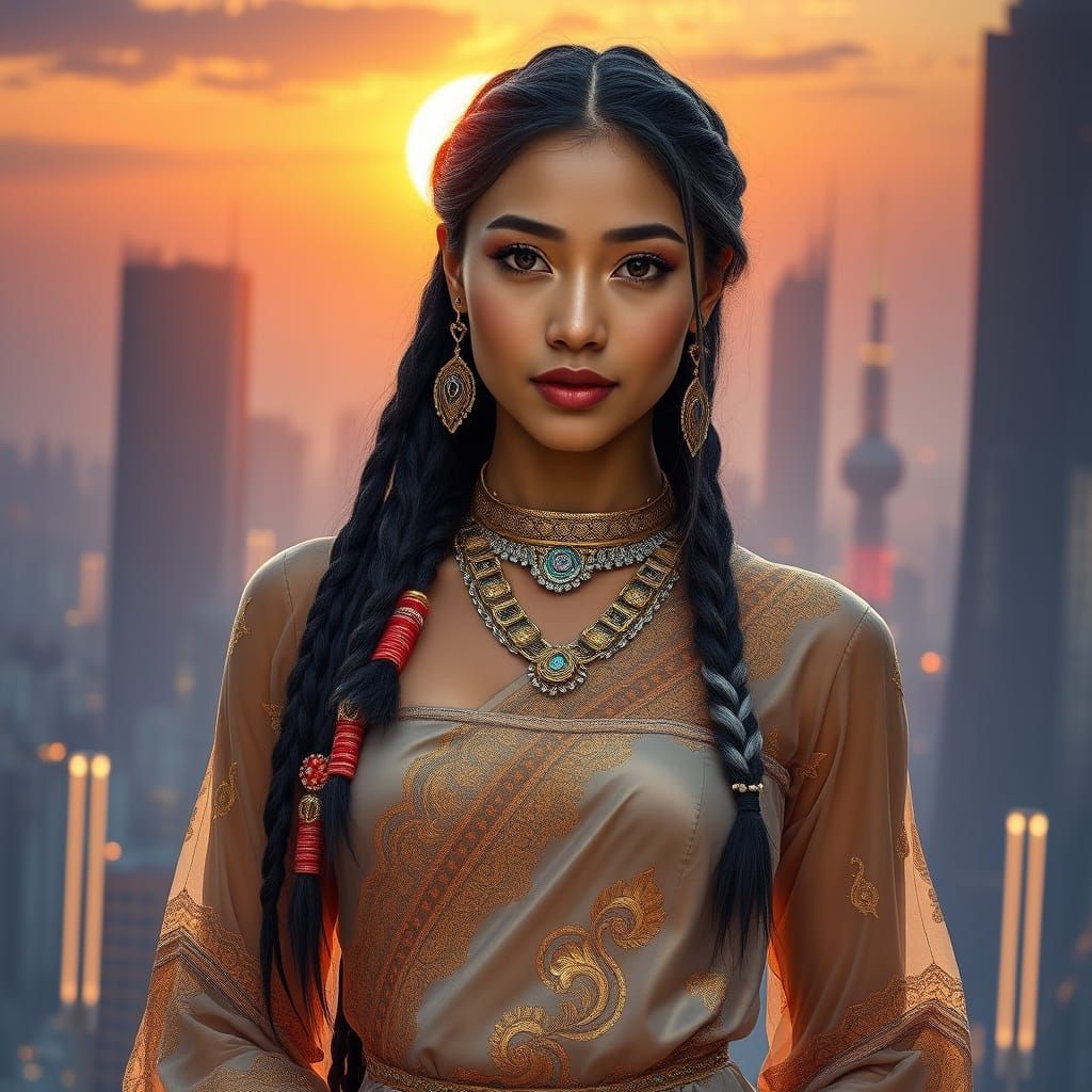 Cuban Woman in Futuristic Cityscape, Hyperrealism Style