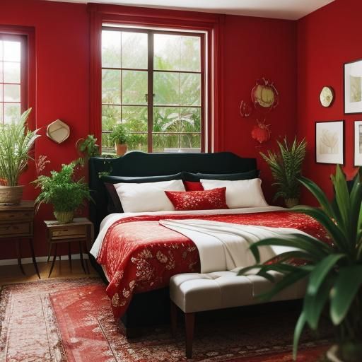 Red Bedroom with Plants: Professional Photography