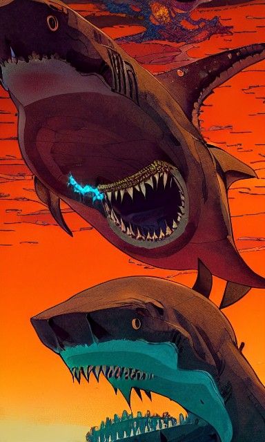Shark Mountain Sunset in Graphic Novel Style