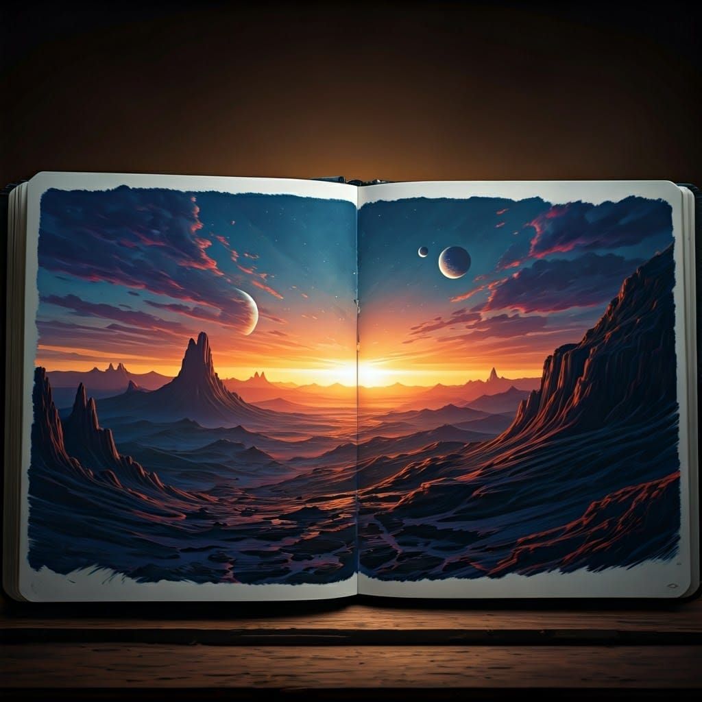 Alien Sunset: Pencil Sketch of a Four-Moon Planet