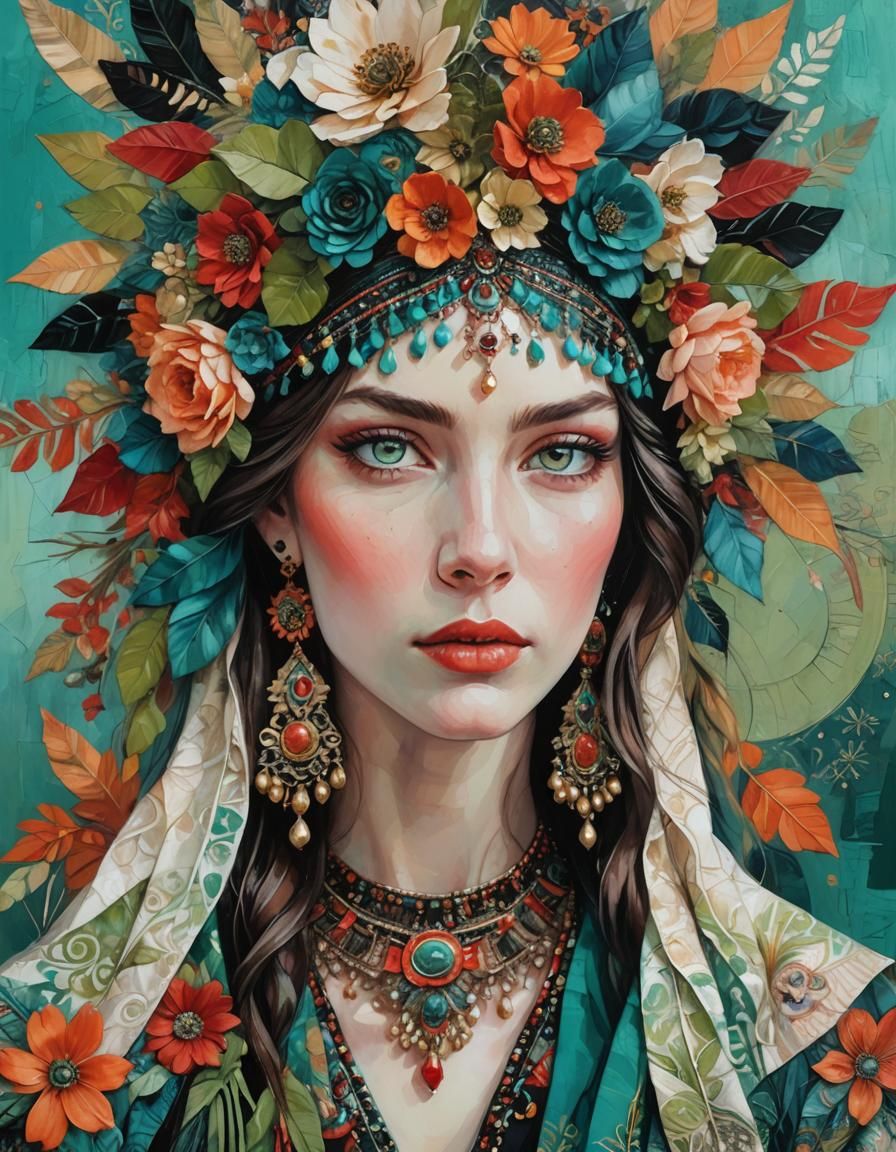 Beautiful Woman Portrait in Mixed Media Style