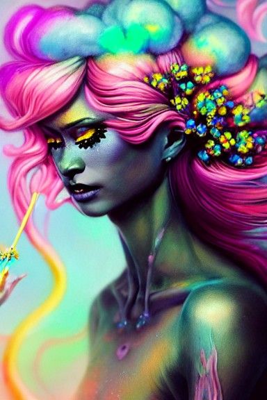 Drow Goddess in Rainbow Flowers: Maximalist Oil Painting