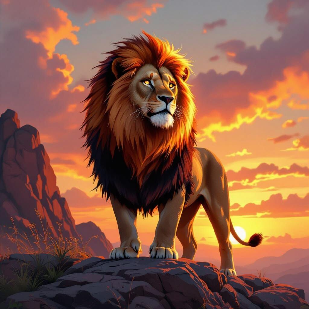 Fiery Lion on Cliff at Sunset: Photorealistic Digital Art