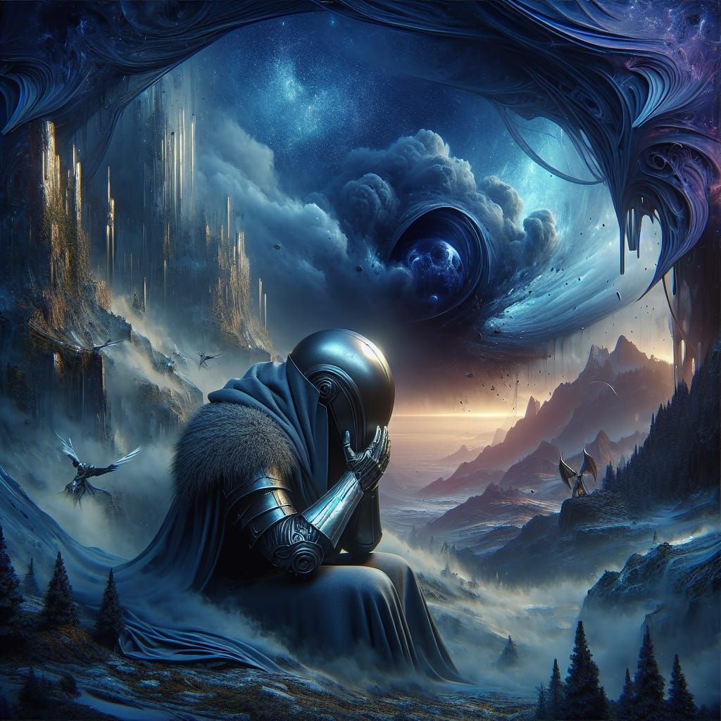 Futuristic Knight Shelters from Storm in Matte Painting