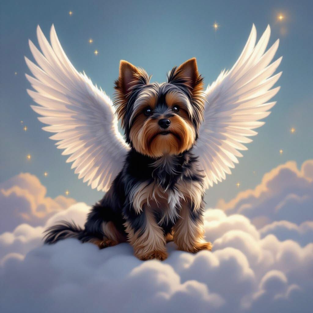 Yorkshire Terrier with Angel Wings on Celestial Cloud