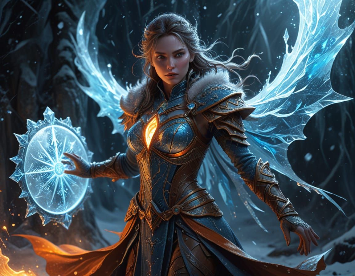 Sorceress Conjures Frosty Shield in Winter Wonderland