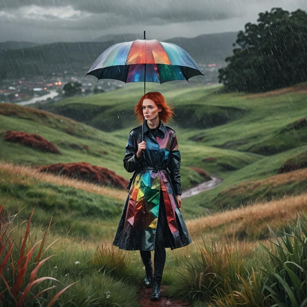 Red-Haired Woman with Zircon Umbrella: Surreal Digital Art