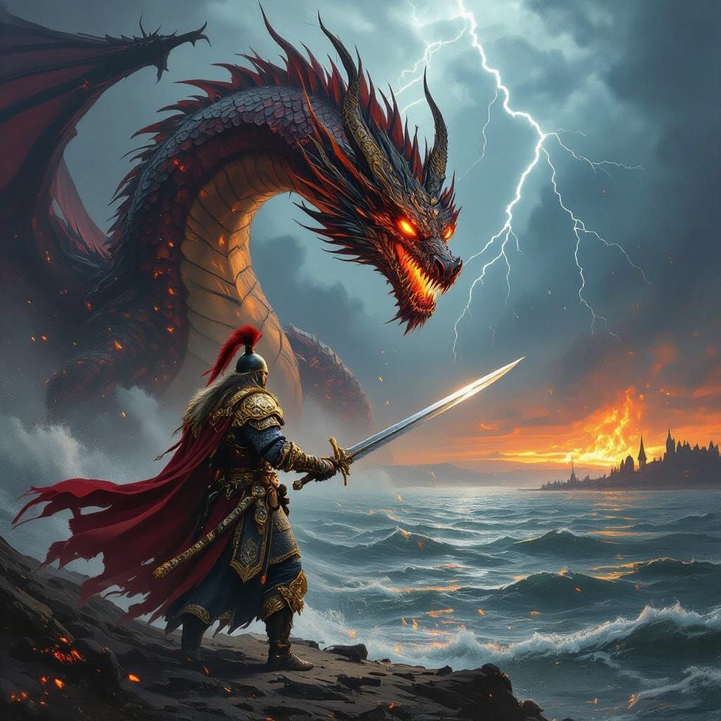 Symbolic Battle of Ukrainian Hero vs. Dragon in Vibrant, Hig...