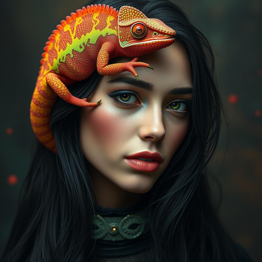 Woman with Chameleon: Detailed Fantasy Concept Art