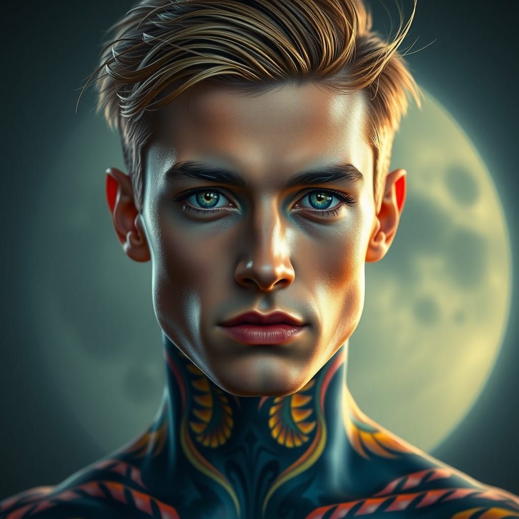 Androgynous Man with Chiseled Features and Tribal Tattoos in...